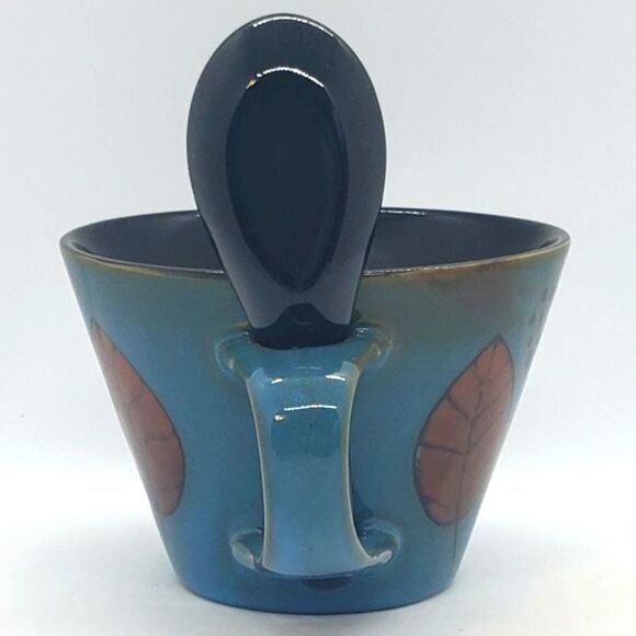 Blue Black Leaf Design Stoneware Soup Mug with Spoon - Picture 3 of 11